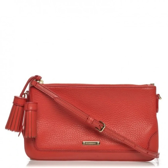 BURBERRY Signature Grain Calfskin Tassel Peyton Crossbody Clutch Bag Cadmium Red - Picture 1 of 15